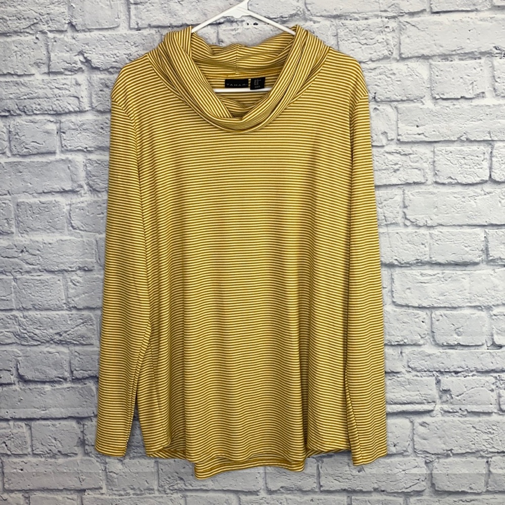 Tahari Women’s Gold White Striped Cowlneck Long Sleeve Waffle Knit Thermal Tunic